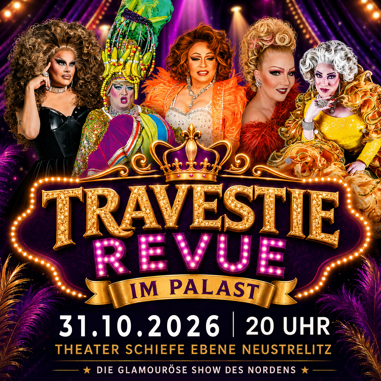 Revue im Palast – neue Travestie-Show am 31. Oktober 2026 im Theater Schiefe Ebene Neustrelitz
